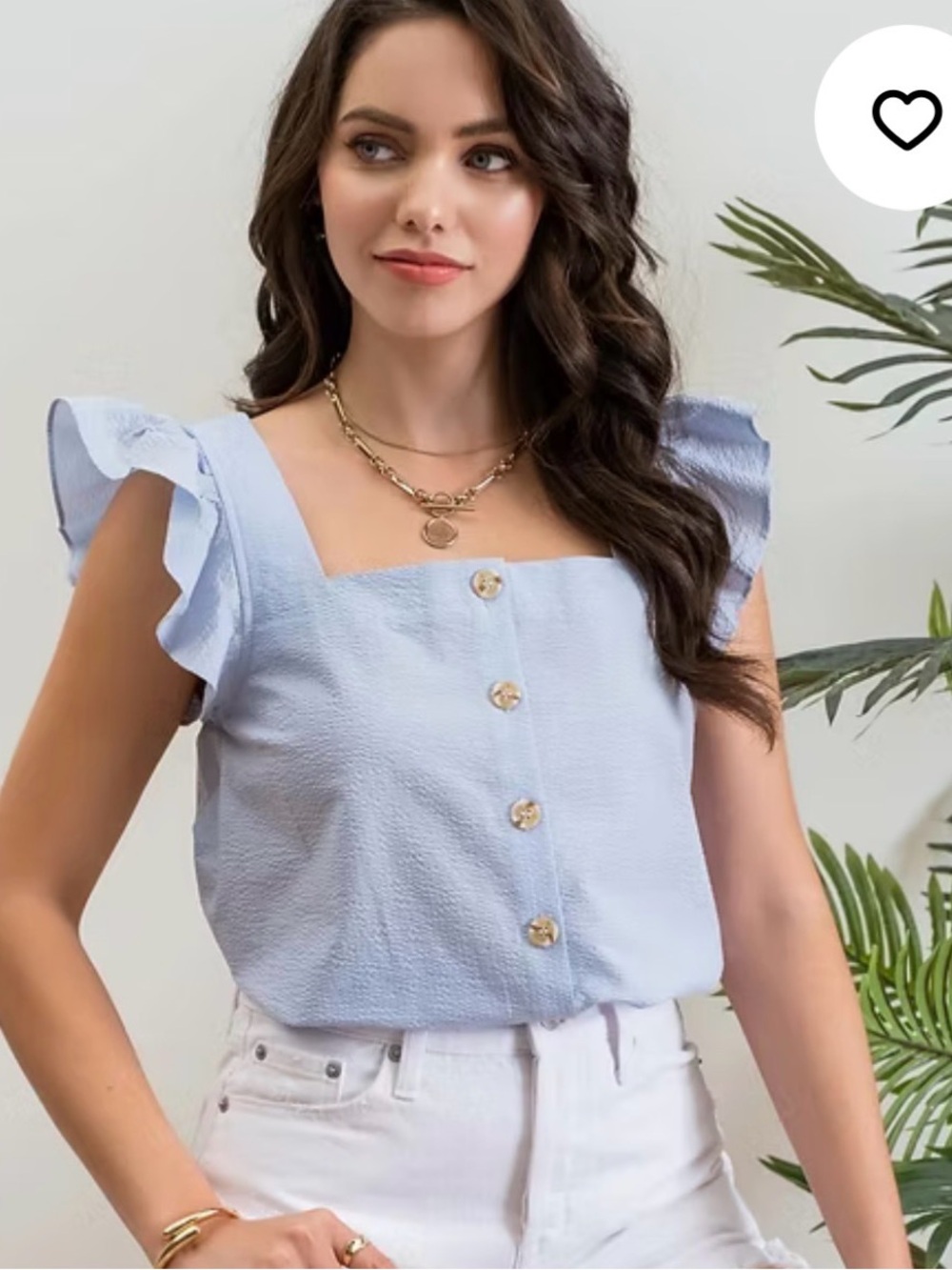 Sleeveless Light Blue Ruffle-Shoulder Button-Front Women's Top